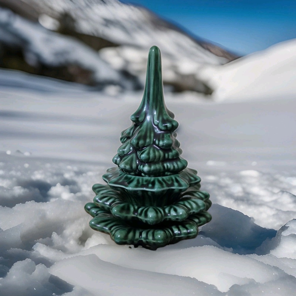 Vintage Green Ceramic Christmas Tree Stacking Ashtrays with Lighter 5.5" MCM